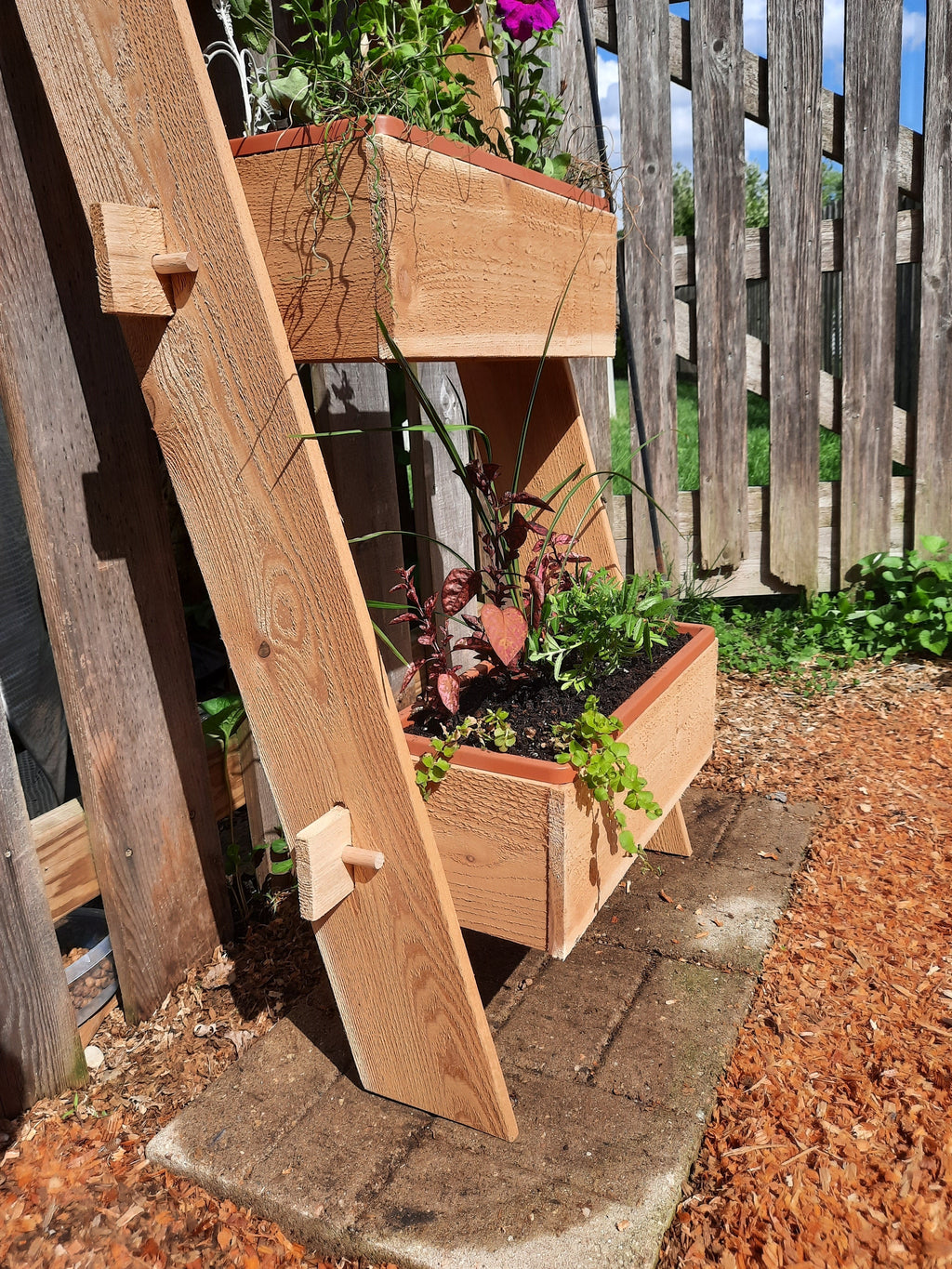2-Tier Vertical Cedar Ladder Planter Box for Small Spaces